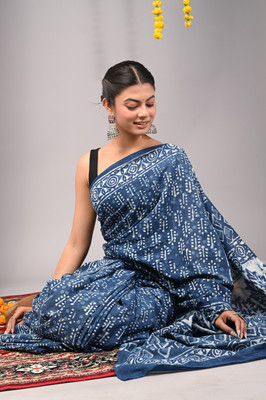 Taavi Blocked Printed Kota Doria Cotton Blend Saree(Blue)