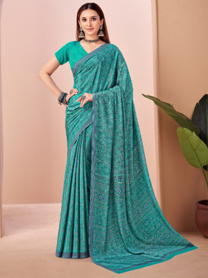 Divastri Floral Print, Geometric Print, Digital Print, Printed Bollywood Crepe Saree(Green)