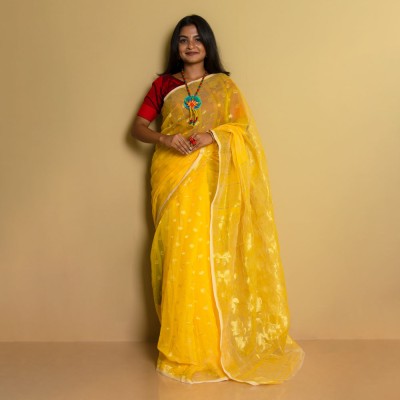 Sarika Floral Print Jamdani Pure Cotton Saree(Yellow)