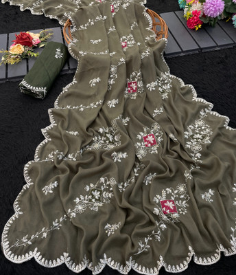 Zari and Ziba Embroidered Bollywood Chiffon Saree(Light Green)