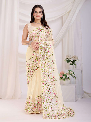 MRUTIENTERPRIS Embroidered Bollywood Net Saree(Cream)