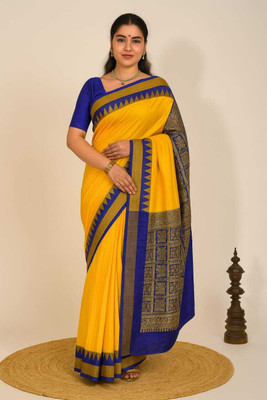 Sijileen Solid/Plain, Temple Border Sambalpuri Silk Blend Saree(Gold)
