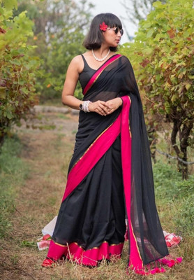 Bhadra Shopping Store Woven Handloom Cotton Jute Saree(Black)