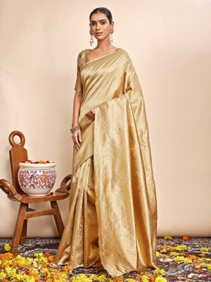 Vichitra Woven, Self Design Banarasi Silk Blend, Jacquard Saree(Cream)