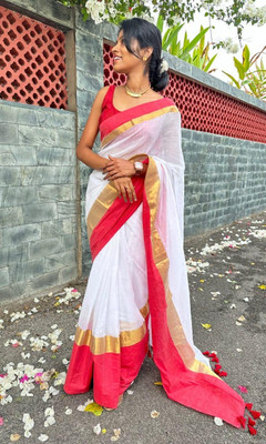Goswami Fashion Color Block Pre Draped Saree Pure Cotton Saree(White)