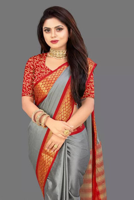 Sahajanand Woven Banarasi Pure Silk Saree(Grey)