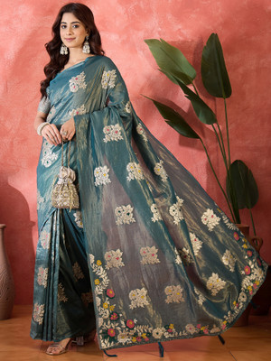 Sangria Self Design Saree with Attached Blouse Silk Blend Saree(Light Blue)