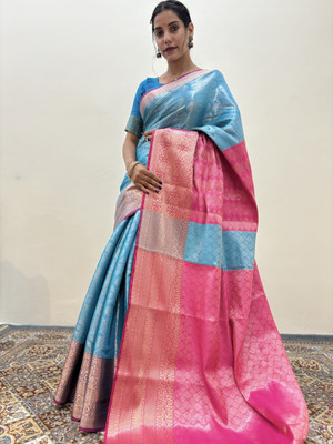 Rungkaat Self Design Banarasi Pure Silk Saree(Light Blue)