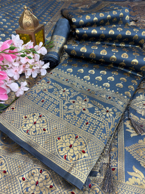 Banaras silk palace Embellished Banarasi Silk Blend Saree(Grey)