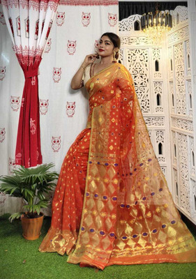 Handloom cotton blend saree Woven Palazzo Saree Cotton Silk Saree(Orange)