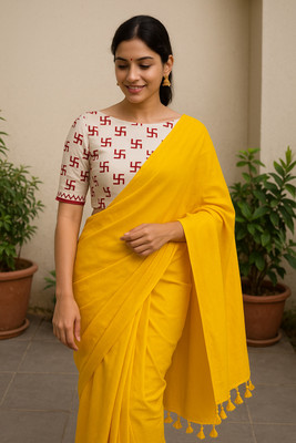 SMRITI HANDLOOM Solid/Plain Kalamkari Handloom Pure Cotton Saree(Pack of 2, Yellow, White)