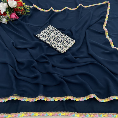 V AMAN FASHION Solid/Plain Bollywood Georgette Saree(Dark Blue)