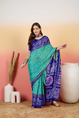 Sangria Printed Saree with Attached Blouse Silk Blend Saree(Green)