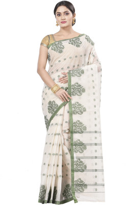DipDiya Self Design Tant Pure Cotton Saree(White)