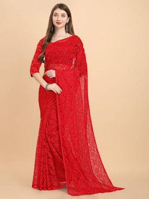 Verviza Self Design Bollywood Net Saree(Red)