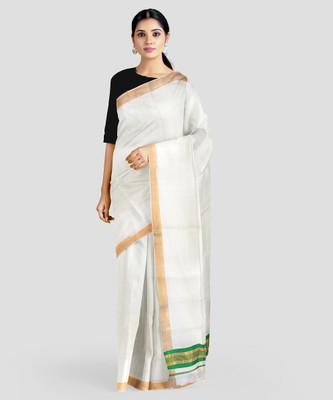 Creative weaves Striped, Solid/Plain Kasavu Pure Cotton Saree(White)