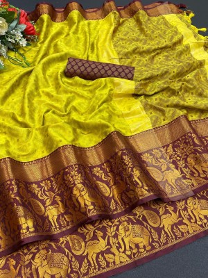 tulshi fab house Animal Print Bollywood Cotton Silk Saree(Mustard)