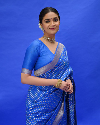 Khodal Zari Work Woven Kanjivaram Jacquard, Pure Silk Saree(Blue)