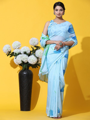 rujave Striped Bollywood Organza Saree(Light Blue)