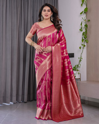 KB DESIGNER Woven, Self Design, Striped Dharmavaram Pure Silk Saree(Pink)