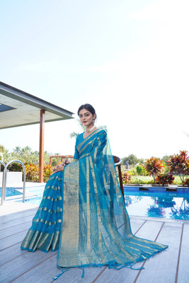 KOTHARI SBT Solid/Plain Bandhani Organza Saree(Light Blue)