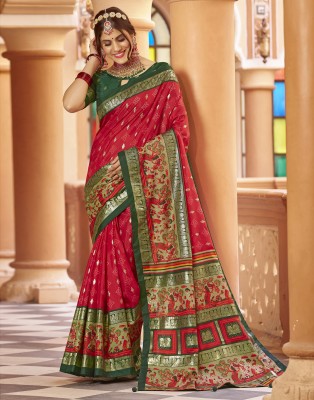 Samah Printed, Embellished Patola Art Silk Saree(Red, Dark Green, Multicolor)