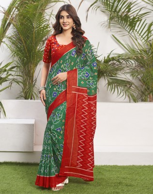 SIRIL Geometric Print, Printed Daily Wear Cotton Blend Saree(Dark Green, Red)