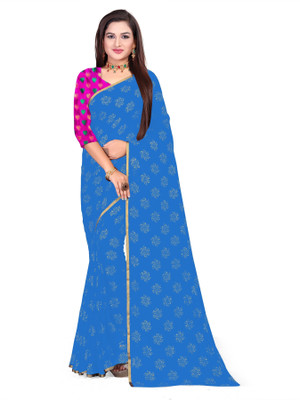 Aardiva Printed Daily Wear Cotton Blend Saree(Light Blue)