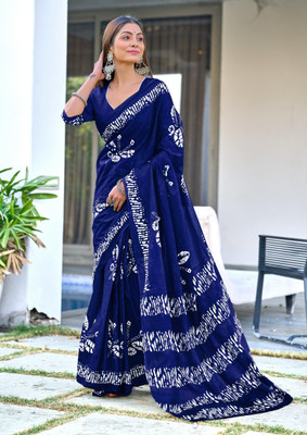 Divastri Blocked Printed, Printed Chanderi Cotton Blend Saree(Blue)