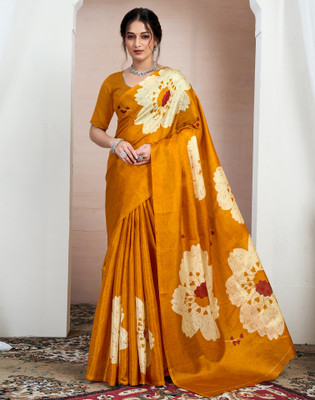 Samah Floral Print, Printed Daily Wear Cotton Blend Saree(Yellow)