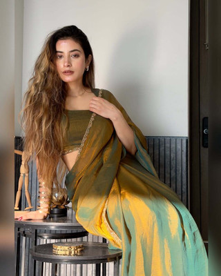 SAI LEELA CREATION ART Solid/Plain, Temple Border, Embellished Bollywood Chiffon, Tissue Saree(Yellow)