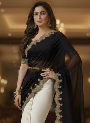 Anugrah Textile Printed Banarasi Lycra Blend, Chiffon Saree(Black, White)