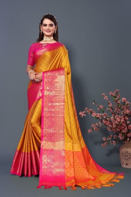 WILLMAKE Woven Bollywood Jacquard, Art Silk Saree(Mustard, Pink)