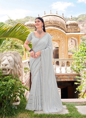 Laxmipati sarees Embroidered Saree with Attached Blouse Silk Blend Saree(Grey)