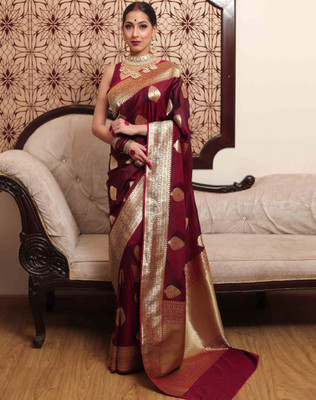 SIRIL Embroidered Kanjivaram Jacquard, Silk Blend Saree(Gold, Maroon)