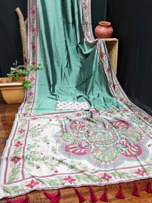 VIRDHI TEXTILE Digital Print Madhubani Silk Blend Saree(Green)