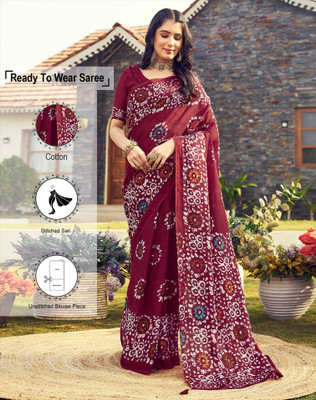 SIRIL Geometric Print, Printed Hand Batik Cotton Blend Saree(Maroon, White)