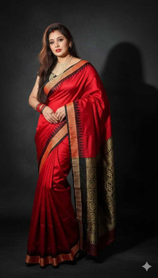 Sijileen Temple Border, Solid/Plain Sambalpuri Silk Blend Saree(Red)
