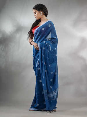 Lakshmi Boutique Printed Handloom Cotton Linen Saree(Blue)