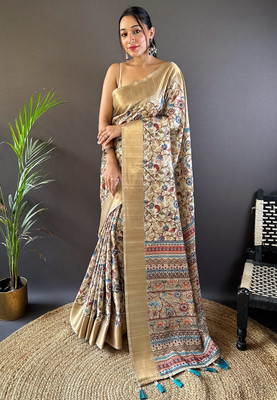 Nayanthara Trends Floral Print Kalamkari Silk Blend Saree(Beige)