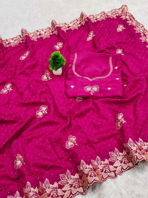 STITCH N SOLUS Embroidered Daily Wear Georgette, Chiffon Saree(Pink)