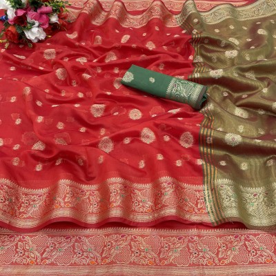 VILLAGIUS Woven, Embellished, Self Design Banarasi Organza Saree(Red)