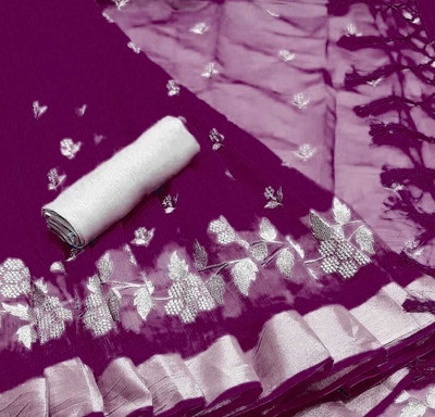 GLOWMOROUS Embroidered Ikkat Chanderi Saree(Purple)