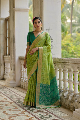 PeachPetals Printed, Woven Pochampally Cotton Silk Saree(Green)