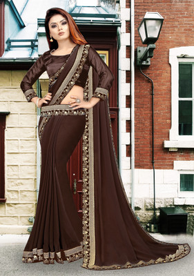 HNC Retail Temple Border, Solid/Plain Bollywood Lycra Blend, Chiffon Saree(Brown)