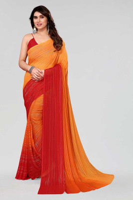 Anand Sarees Striped, Ombre, Printed Bollywood Satin Saree(Orange, Red)