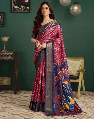 Tasrika Printed, Woven, Embellished Kalamkari Tussar Silk Saree(Red)