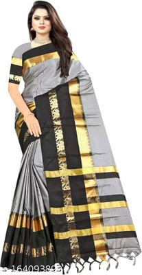 MoonTextile Temple Border Assam Silk Cotton Silk Saree(Grey, Black)