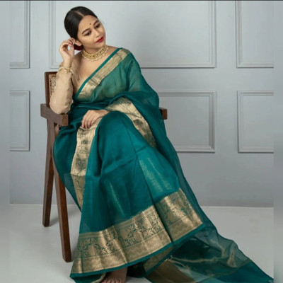 GNSARI Woven Banarasi Organza Saree(Dark Green)