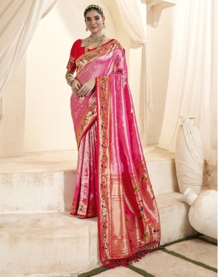 Satrani Woven, Ombre, Embellished Paithani Silk Blend, Jacquard Saree(Pink, Gold)
